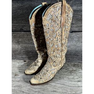 Corral Ladies Sand Brown Glitter Inlay & Studs Knee-High Boots Style A3673 9.5